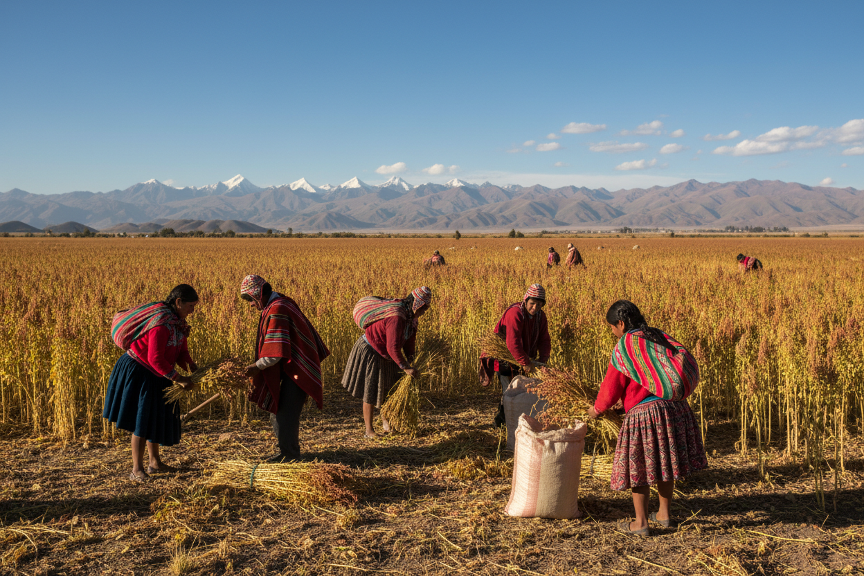 Landsmän och kvinnor från Bolivia ute på skördmark av quinoa