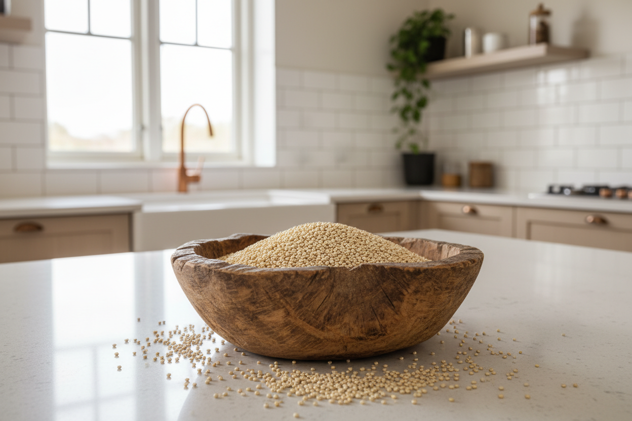 vit quinoa i ett kök