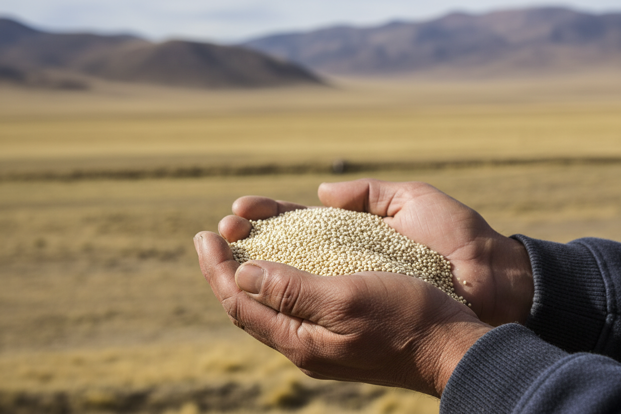 Vit quinoa i händerna hos lokal belfokningen i Bolivia